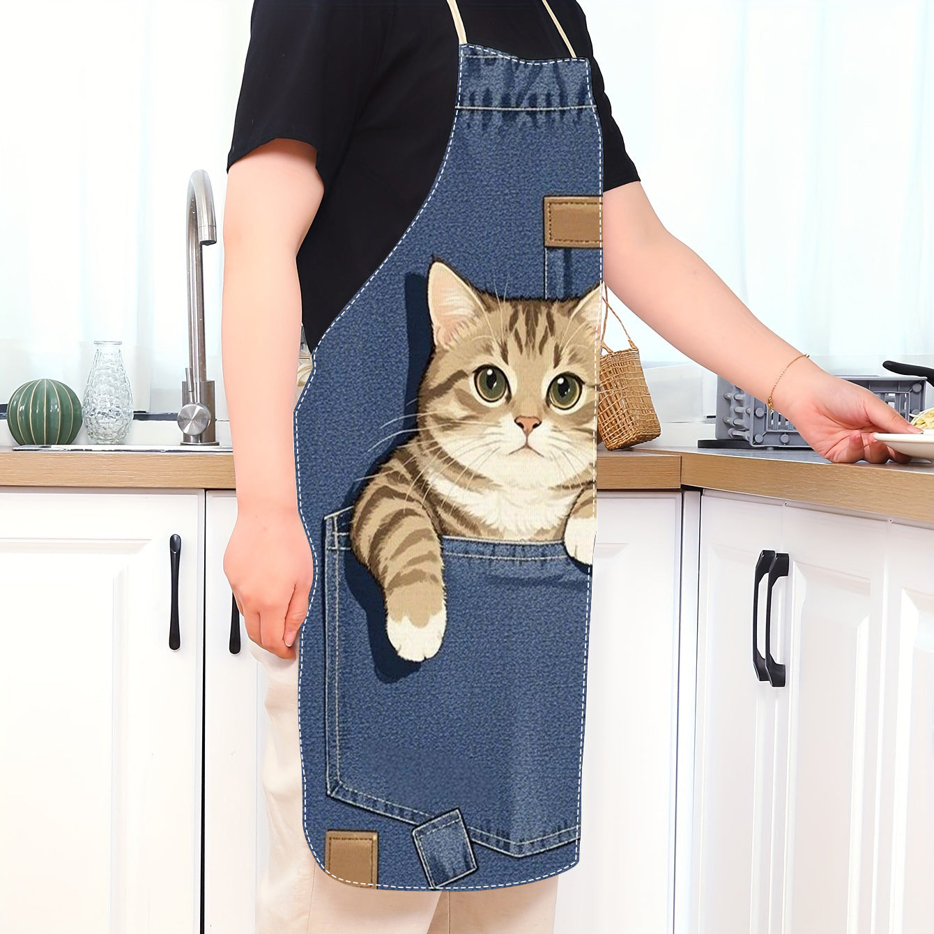 Adult-Sized Linen Apron with Cute Cat in Pocket Design, Sleeveless Blue Denim Kitchen Wear, Ideal for Home Cooking and Baking, Home Chef Attire | Playful Kitchenwear | Denim Fabric
