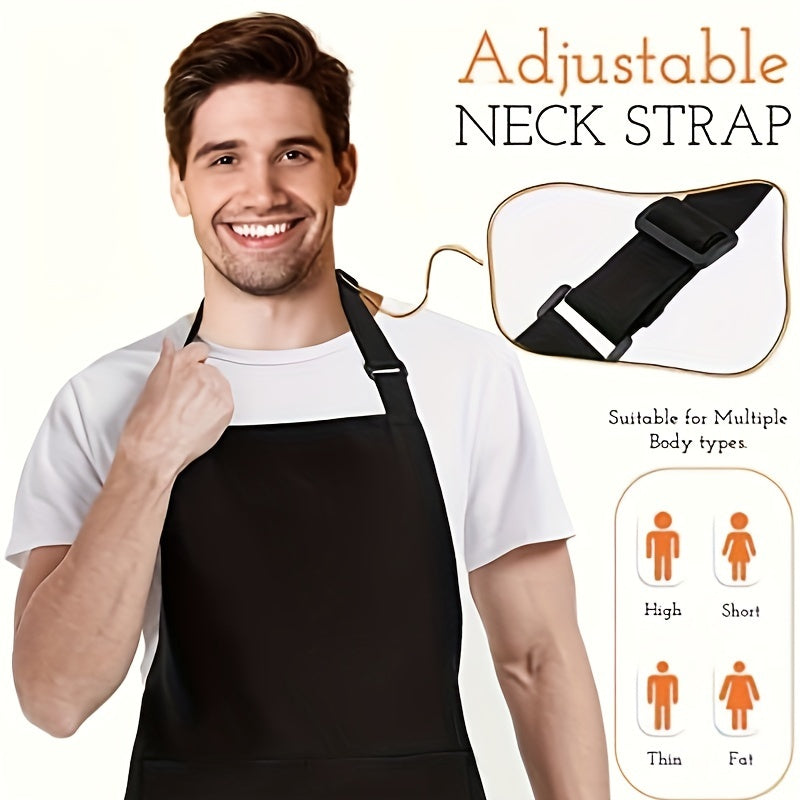 2pcs Black Adjustable Aprons for Men and Women, Durable Polyester Chef'S Kitchen Aprons with Pockets, Lightweight, Water-Resistant, Ideal for Cooking and Baking, Cooking Apron|Sleek Black Apron|Lightweight Apron