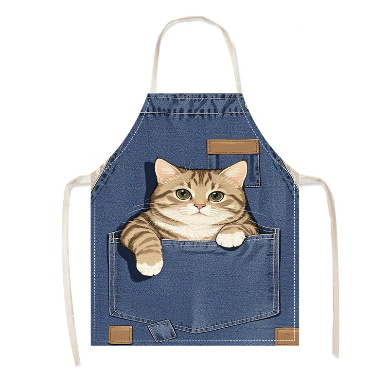 Adult-Sized Linen Apron with Cute Cat in Pocket Design, Sleeveless Blue Denim Kitchen Wear, Ideal for Home Cooking and Baking, Home Chef Attire | Playful Kitchenwear | Denim Fabric