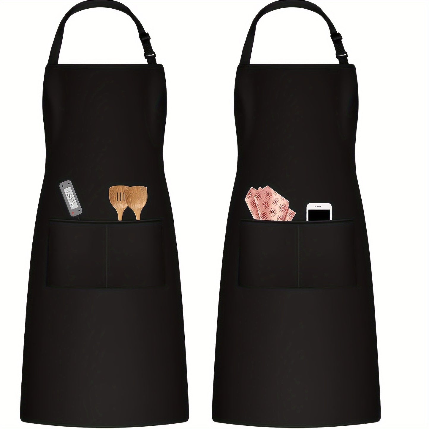 2pcs Black Adjustable Aprons for Men and Women, Durable Polyester Chef'S Kitchen Aprons with Pockets, Lightweight, Water-Resistant, Ideal for Cooking and Baking, Cooking Apron|Sleek Black Apron|Lightweight Apron