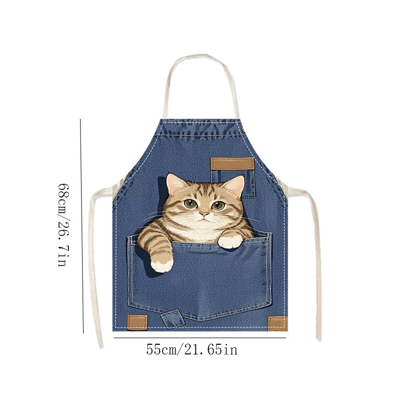 Adult-Sized Linen Apron with Cute Cat in Pocket Design, Sleeveless Blue Denim Kitchen Wear, Ideal for Home Cooking and Baking, Home Chef Attire | Playful Kitchenwear | Denim Fabric
