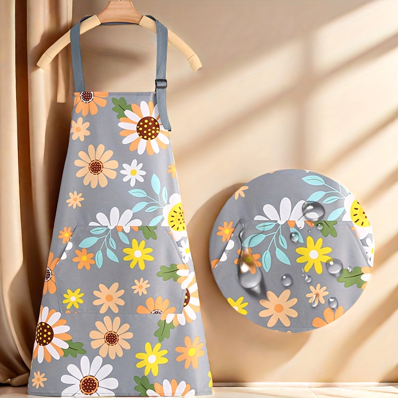 Home Gardening, Adjustable Floral Print Apron with Large Pocket – Easy-Clean Polyester, Ideal for Cooking & Gardening, Stylish Pink and Gray Flower Designs