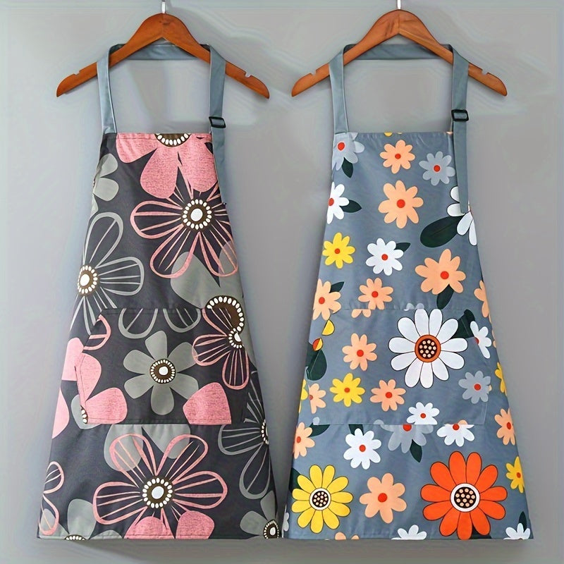 Home Gardening, Adjustable Floral Print Apron with Large Pocket – Easy-Clean Polyester, Ideal for Cooking & Gardening, Stylish Pink and Gray Flower Designs
