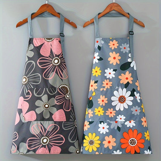 Home Gardening, Adjustable Floral Print Apron with Large Pocket – Easy-Clean Polyester, Ideal for Cooking & Gardening, Stylish Pink and Gray Flower Designs