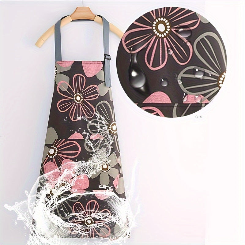 Home Gardening, Adjustable Floral Print Apron with Large Pocket – Easy-Clean Polyester, Ideal for Cooking & Gardening, Stylish Pink and Gray Flower Designs