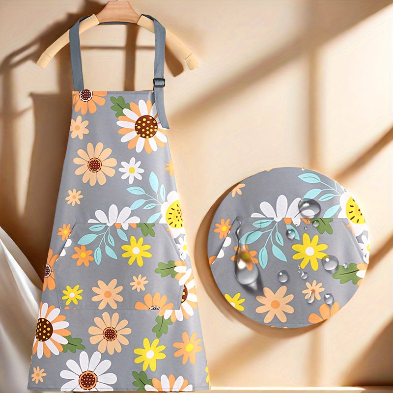 Home Gardening, Adjustable Floral Print Apron with Large Pocket – Easy-Clean Polyester, Ideal for Cooking & Gardening, Stylish Pink and Gray Flower Designs