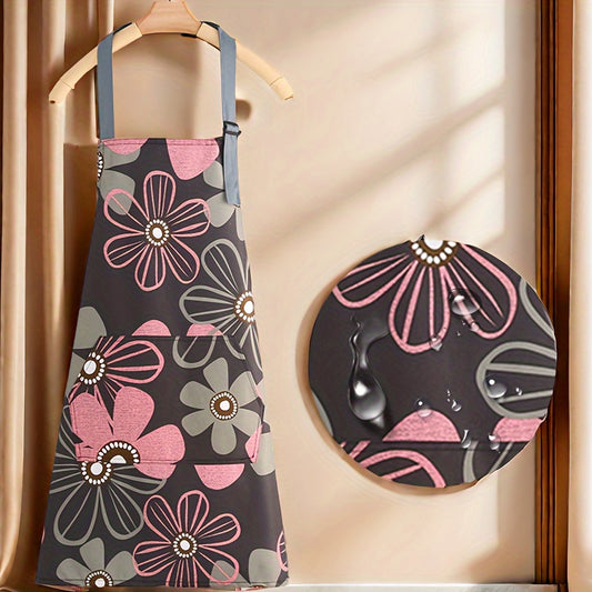 Home Gardening, Adjustable Floral Print Apron with Large Pocket – Easy-Clean Polyester, Ideal for Cooking & Gardening, Stylish Pink and Gray Flower Designs