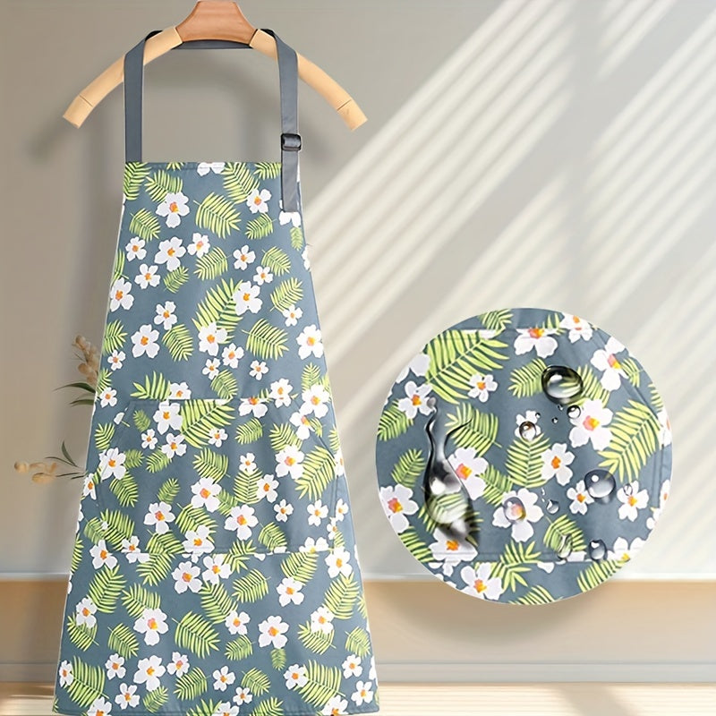 Home Gardening, Adjustable Floral Print Apron with Large Pocket – Easy-Clean Polyester, Ideal for Cooking & Gardening, Stylish Pink and Gray Flower Designs