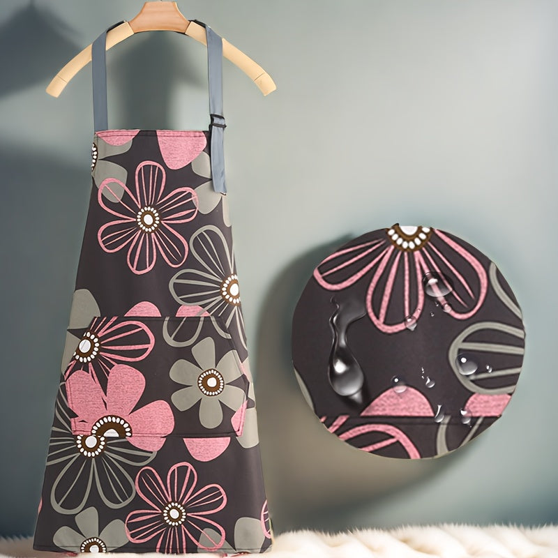 Home Gardening, Adjustable Floral Print Apron with Large Pocket – Easy-Clean Polyester, Ideal for Cooking & Gardening, Stylish Pink and Gray Flower Designs