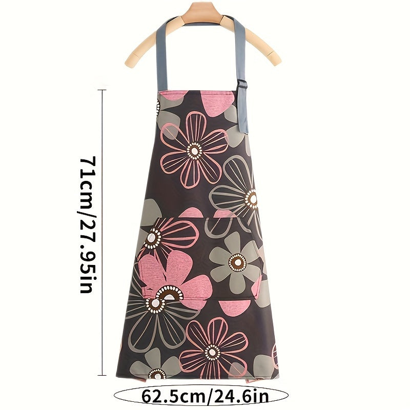 Home Gardening, Adjustable Floral Print Apron with Large Pocket – Easy-Clean Polyester, Ideal for Cooking & Gardening, Stylish Pink and Gray Flower Designs