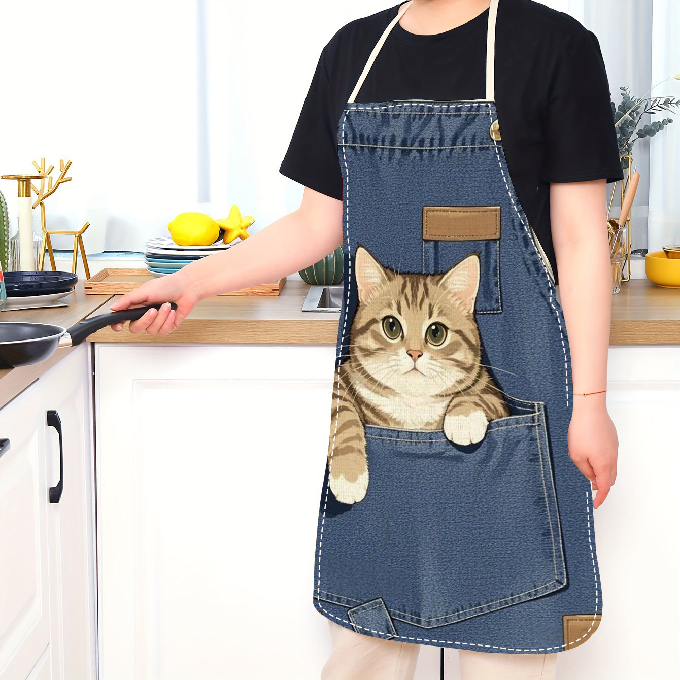 Adult-Sized Linen Apron with Cute Cat in Pocket Design, Sleeveless Blue Denim Kitchen Wear, Ideal for Home Cooking and Baking, Home Chef Attire | Playful Kitchenwear | Denim Fabric