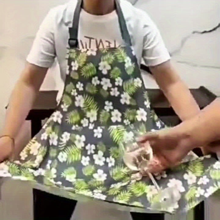 Home Gardening, Adjustable Floral Print Apron with Large Pocket – Easy-Clean Polyester, Ideal for Cooking & Gardening, Stylish Pink and Gray Flower Designs
