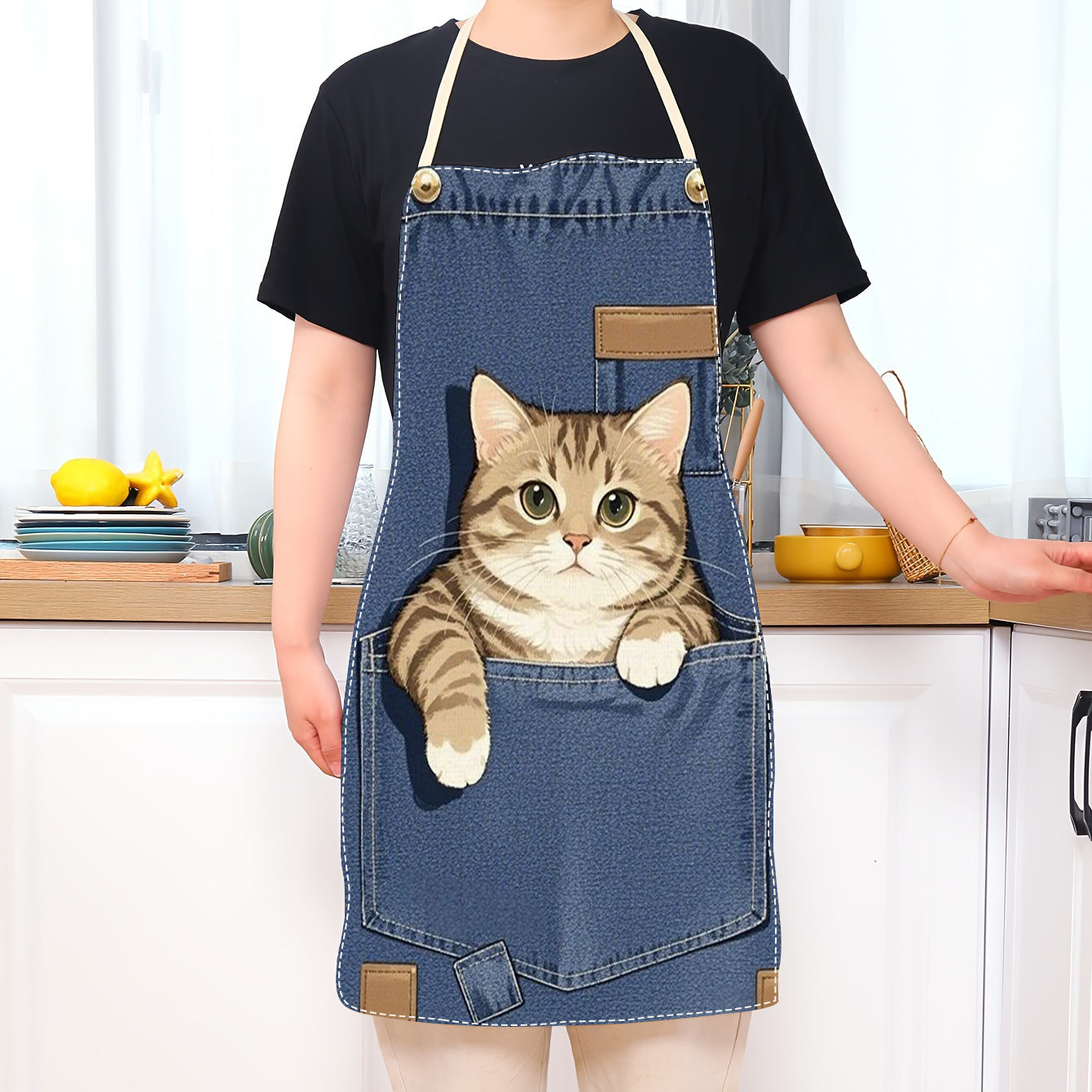 Adult-Sized Linen Apron with Cute Cat in Pocket Design, Sleeveless Blue Denim Kitchen Wear, Ideal for Home Cooking and Baking, Home Chef Attire | Playful Kitchenwear | Denim Fabric